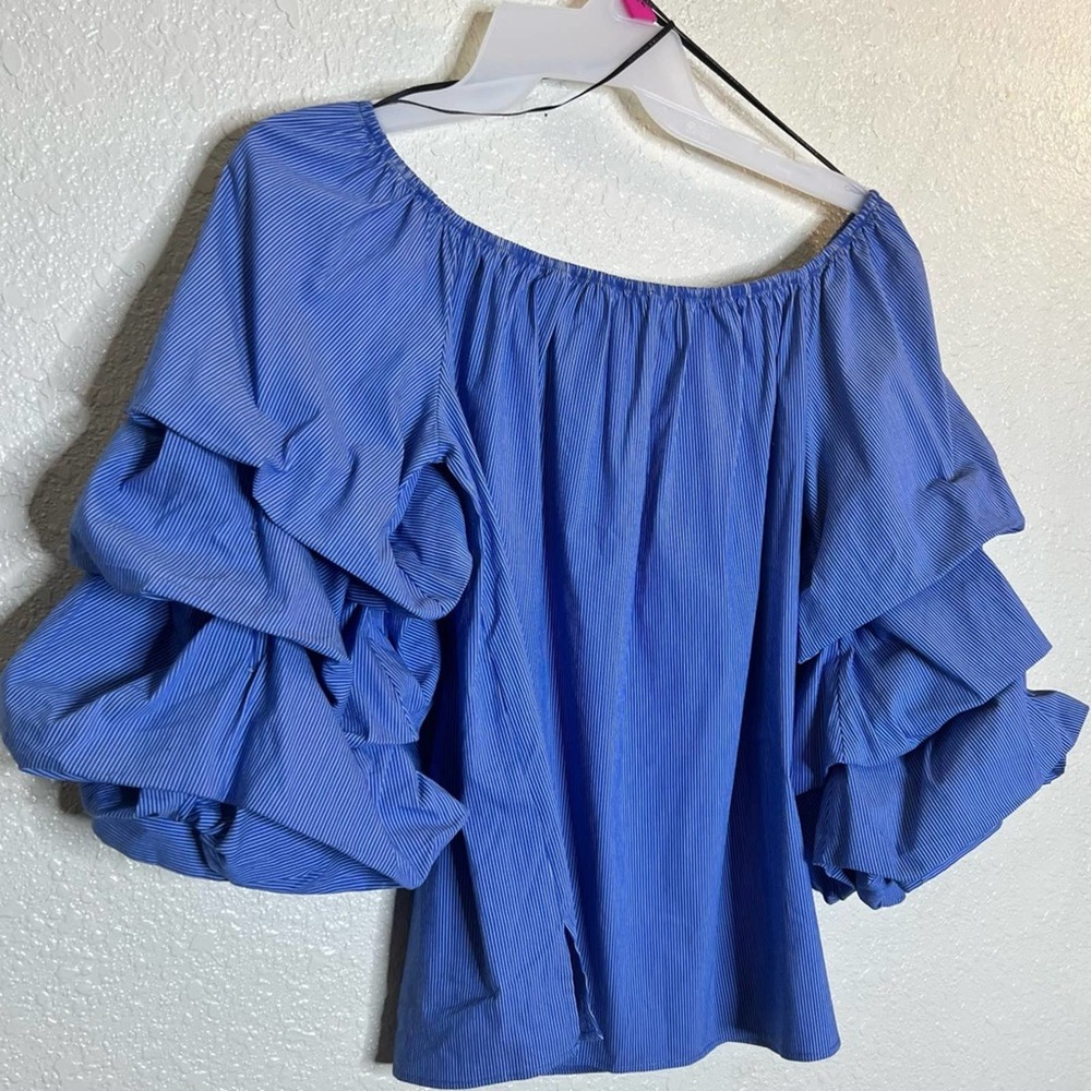 Zara off the shoulder striped tiered sleeves blue white blouse top S